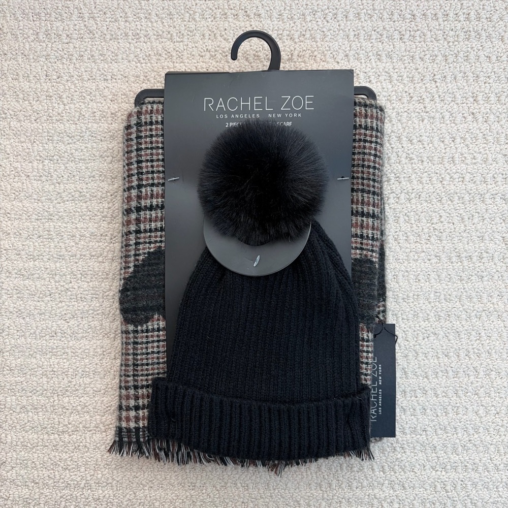 Rachel Zoe Black Pom Pom Beanie and Heart Patterned Plaid Scarf Set